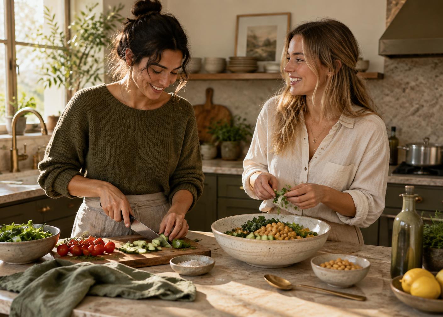 Two friends cooking together in a sunlit kitchen with a bowl of chickpeas and greens