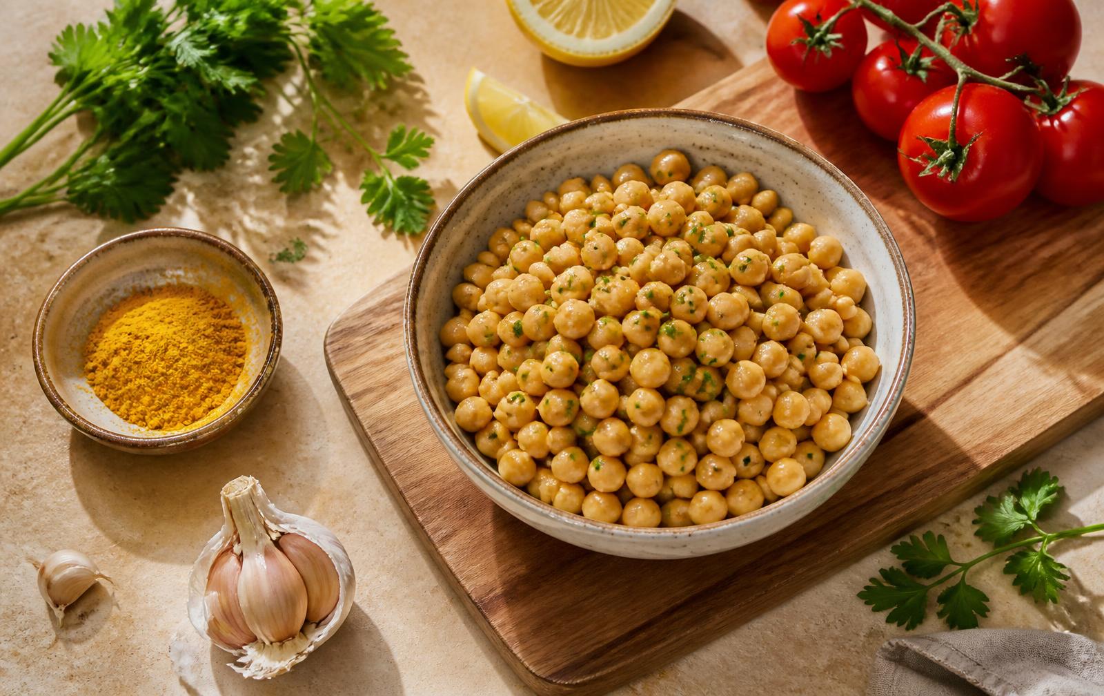 A bowl of chickpeas on a wooden board with tomatoes, parsley, lemon, turmeric and garlic