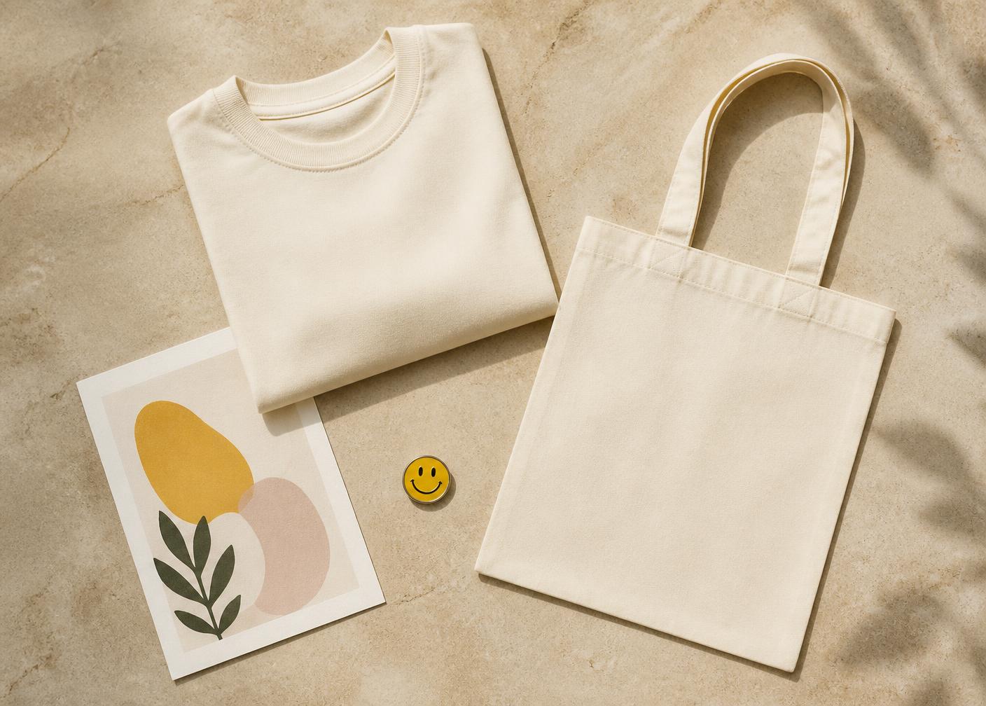 Cream t-shirt, canvas tote, smiley pin and an art print on a warm stone surface